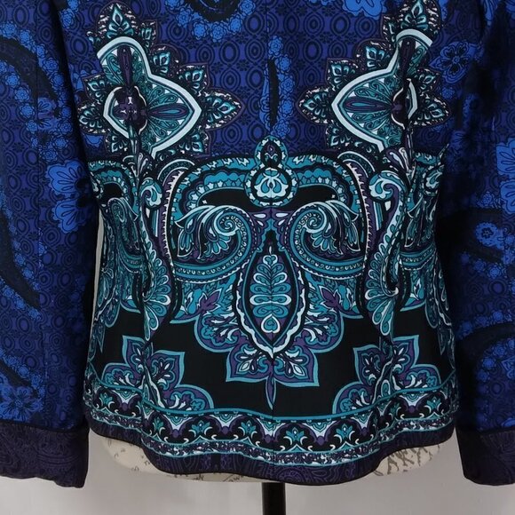 Coldwater Creek | Blue Green Paisley Print Open Front Lined Jacket | Size 10 - Picture 4 of 7